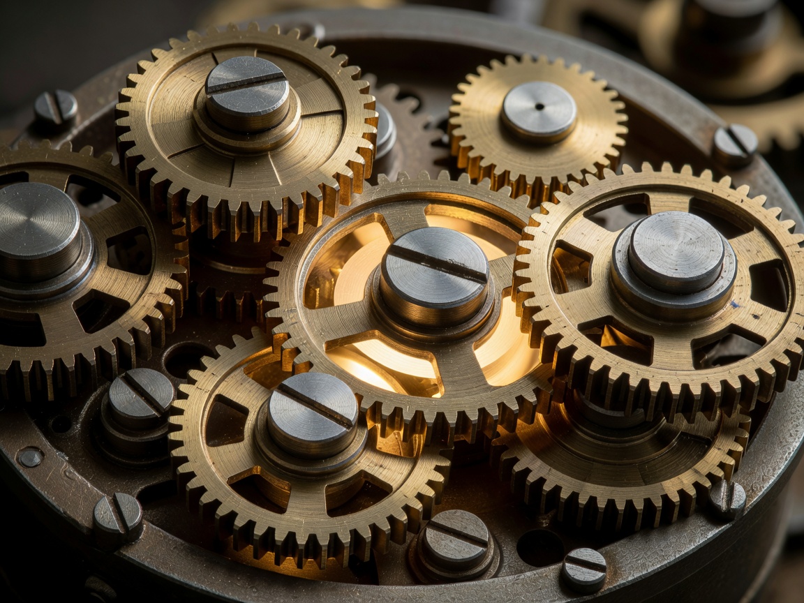 Beautiful macro capture of vintage glowing gears showing sophisticated premium technology details