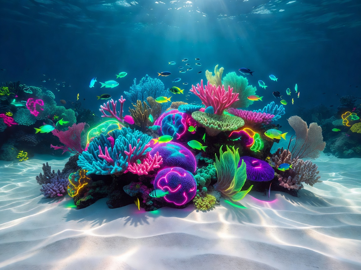 Beautiful scenic reef with vivid neon glow highlights and pristine white sand under sea