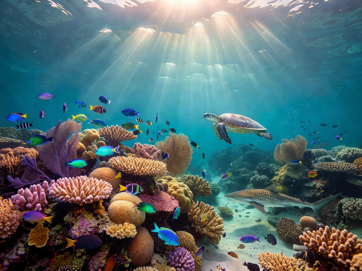 Beautiful sunbeams piercing the crystal clear ocean waters and highlighting deep oceanic wildlife reef