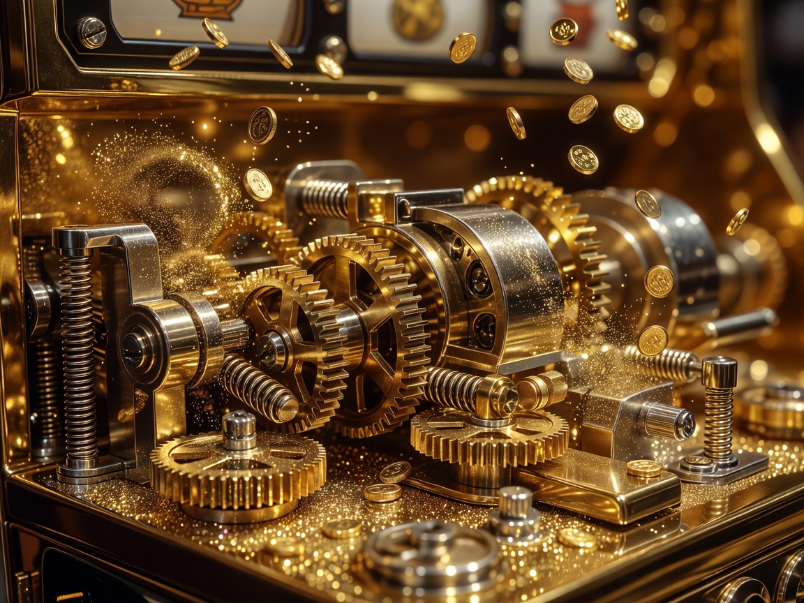 Close up golden slot game machine mechanism showing glittering dynamic visual gold elements