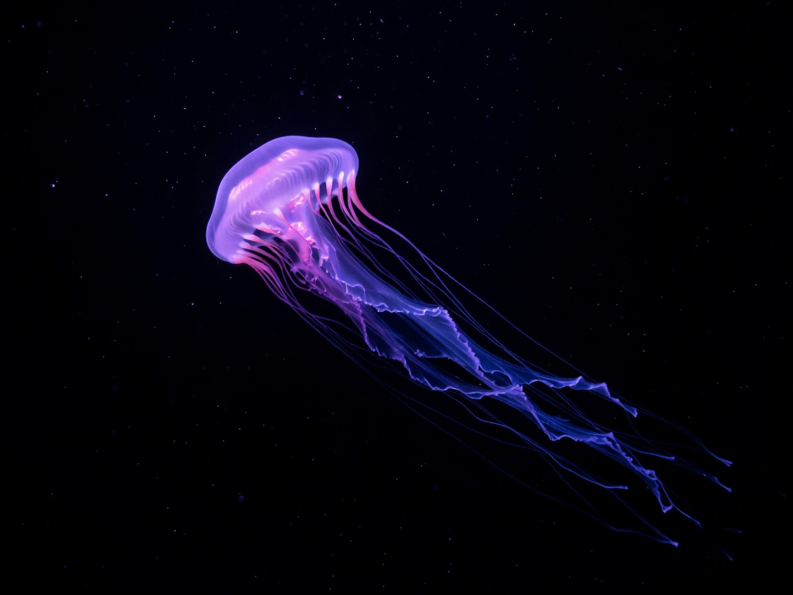 Fluorescent purple jellyfish floating gracefully through dark ocean background