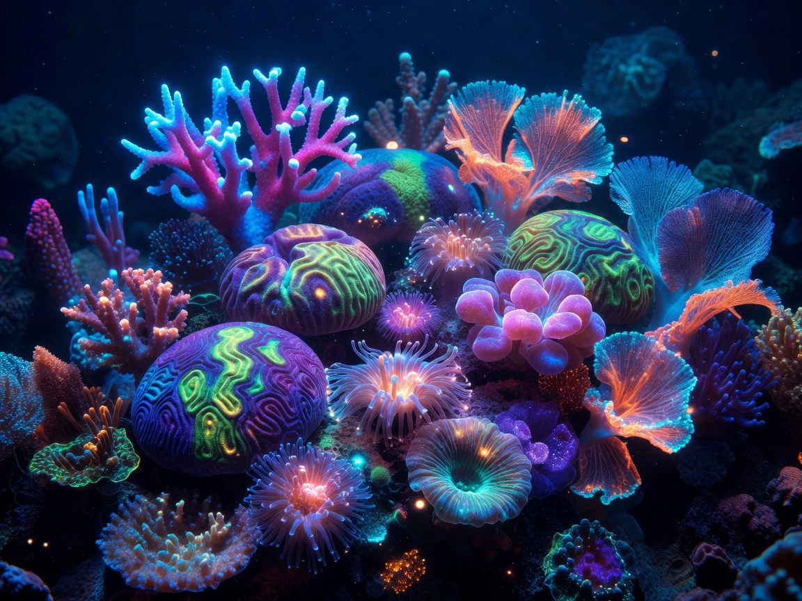 Exotic colorful reef corals glowing under bioluminescent aquatic deep sea glow illumination