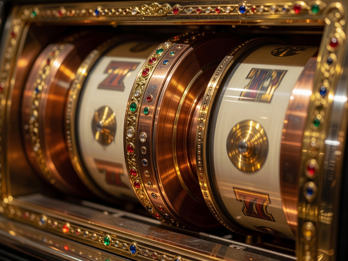 Macro detail of classic copper and gold slot machine wheels and premium spinning visual elements