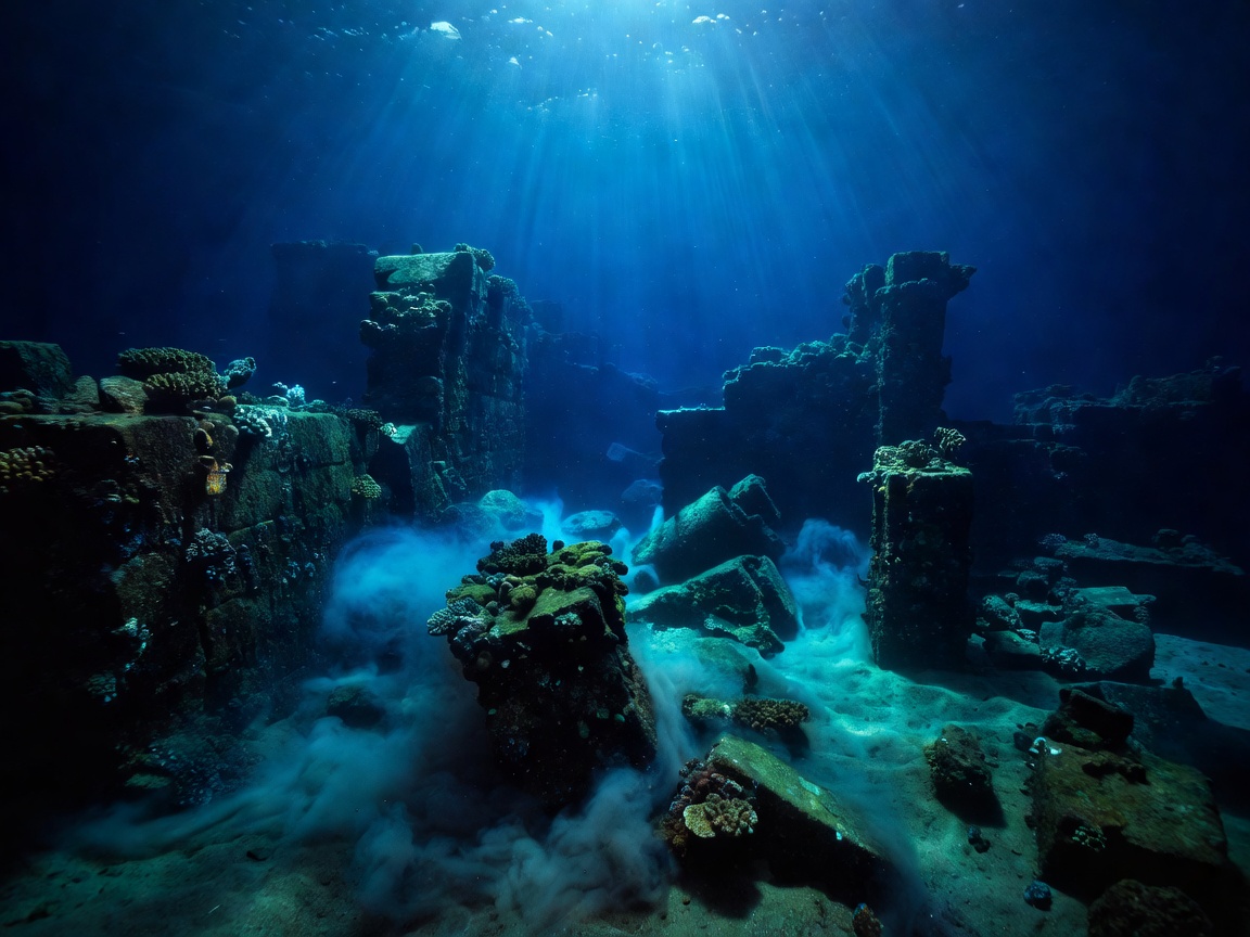 Subaquatic light rays filtering down through deep neon blue water displaying ancient underwater ruins